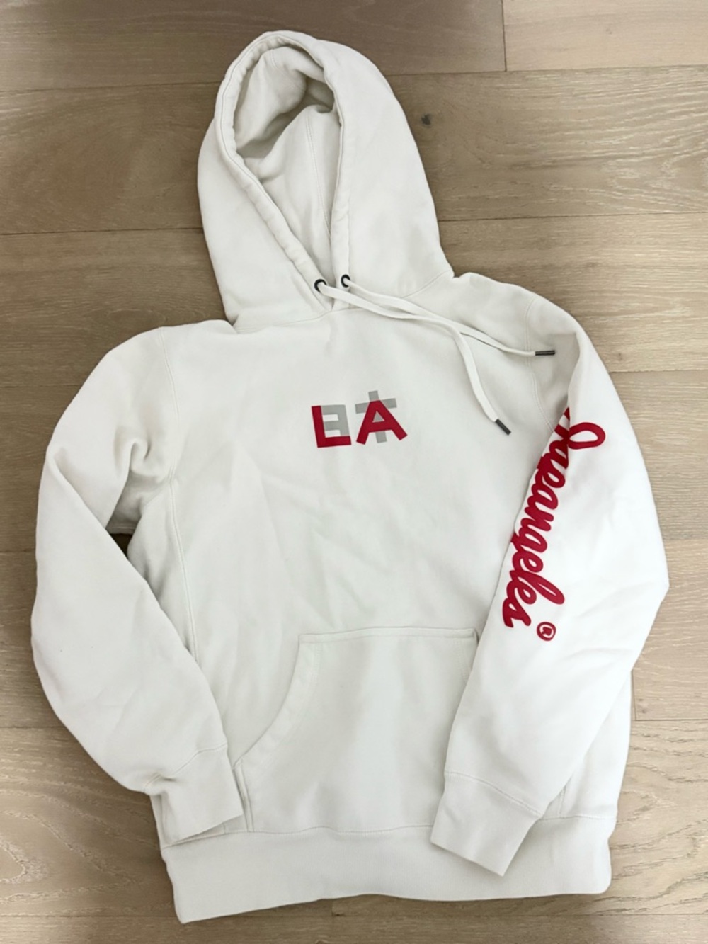 JAPANGELES White LA Graphic Hoodie with Red Script Sleeve